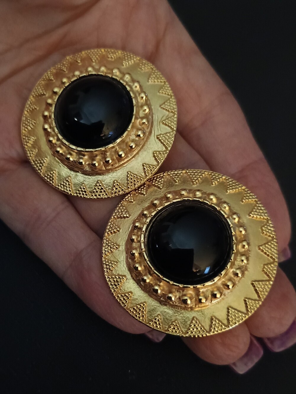 Vintage 1980 Black Cabochon  Button Earrings - Women Jewelry